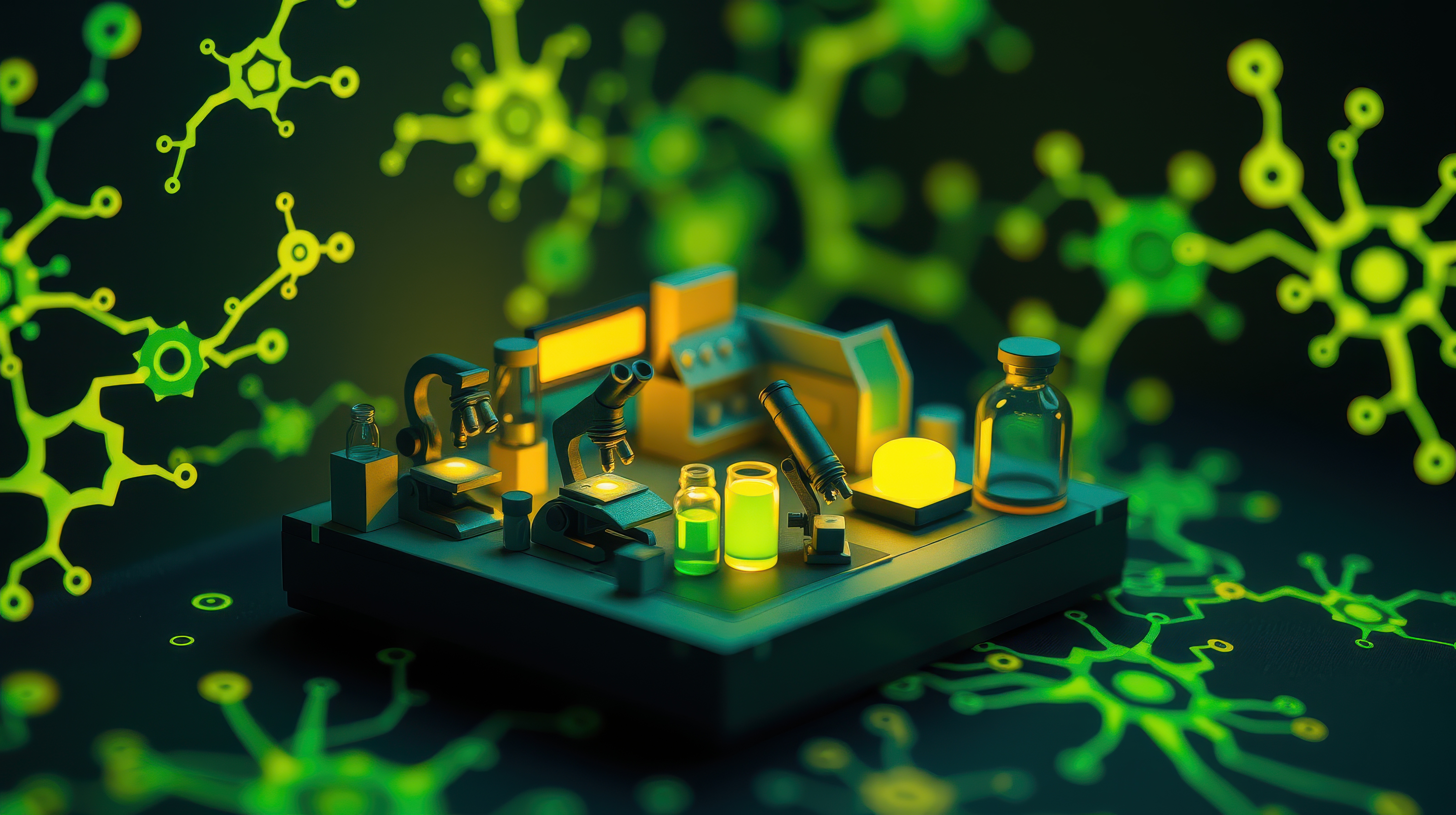 Isometric laboratory scene. Green glowing viruses surround equipment.