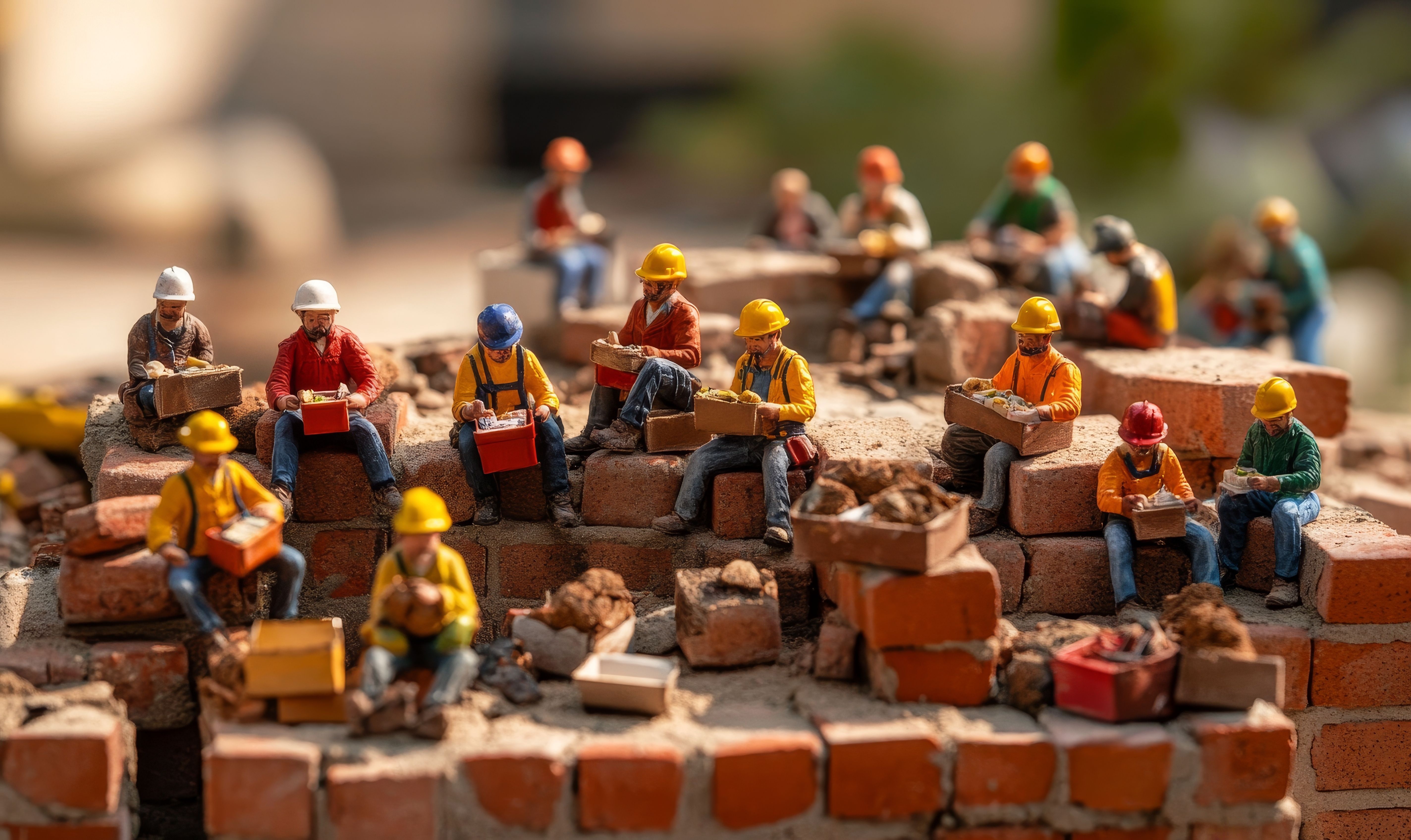 Toy construction workers building a brick wall.