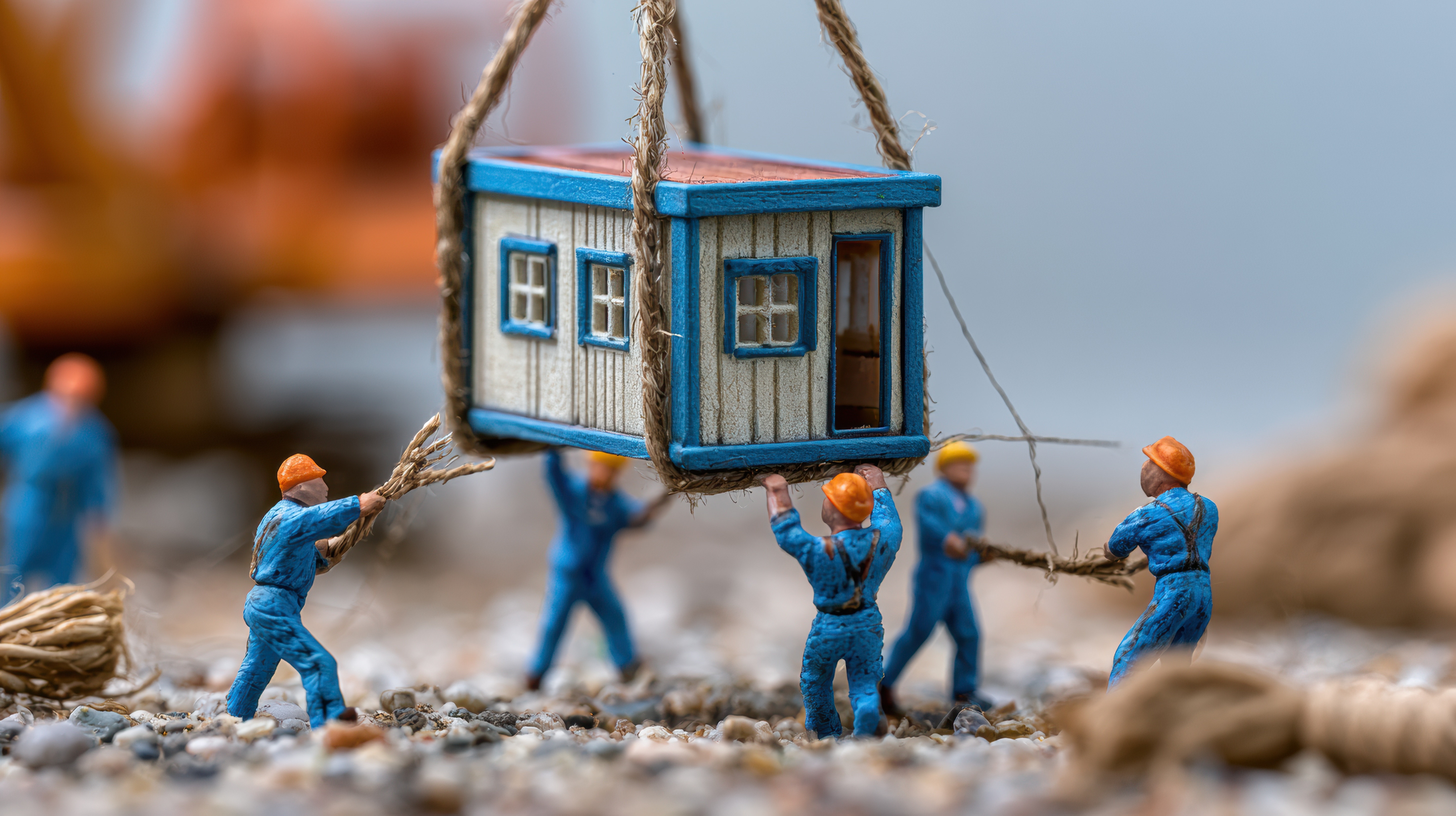 Miniature workers use ropes to lift a small building at a construction site. They work together to move the delicate module. By Anat art