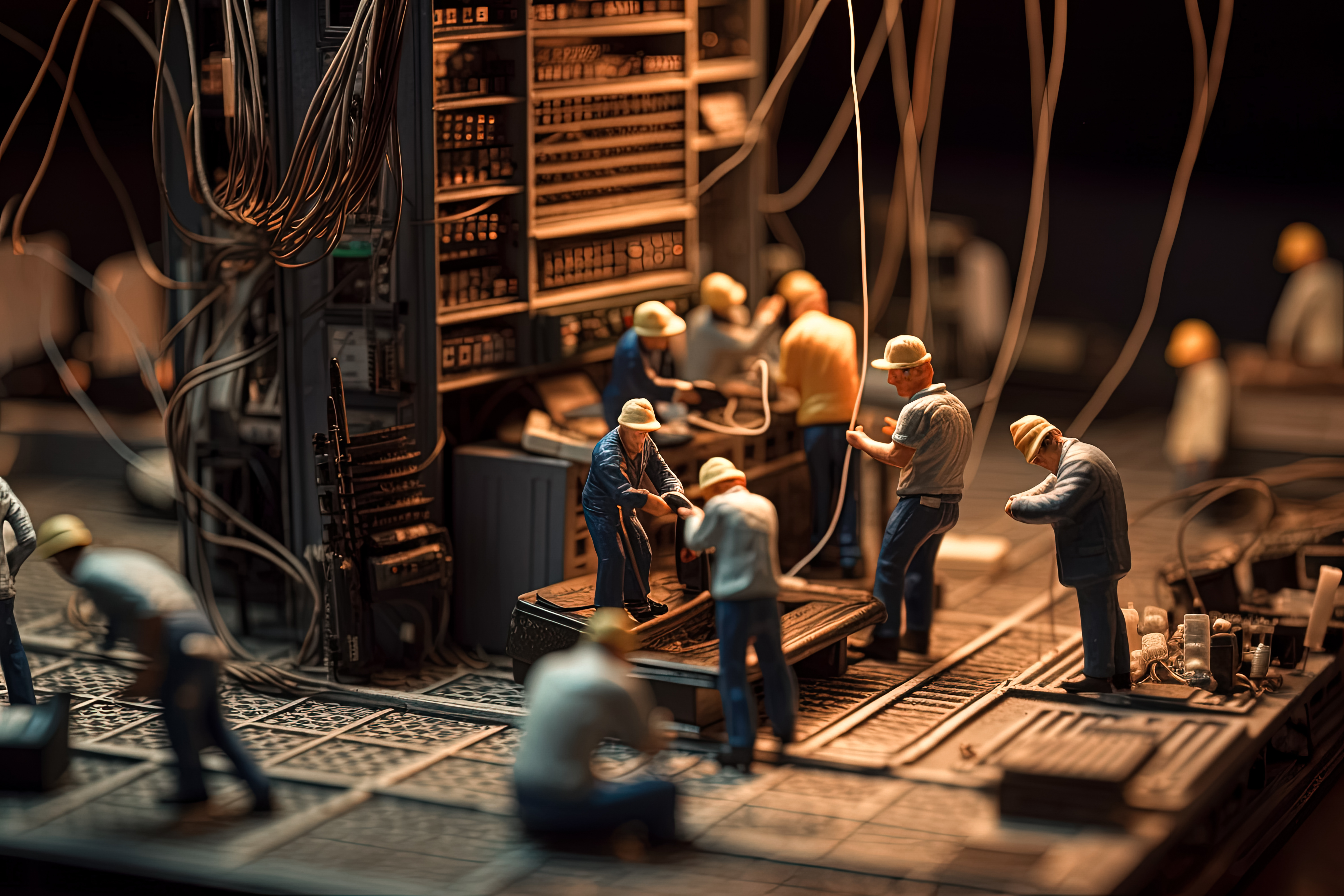 Miniature diorama, many tiny workers building internet network inside computer
