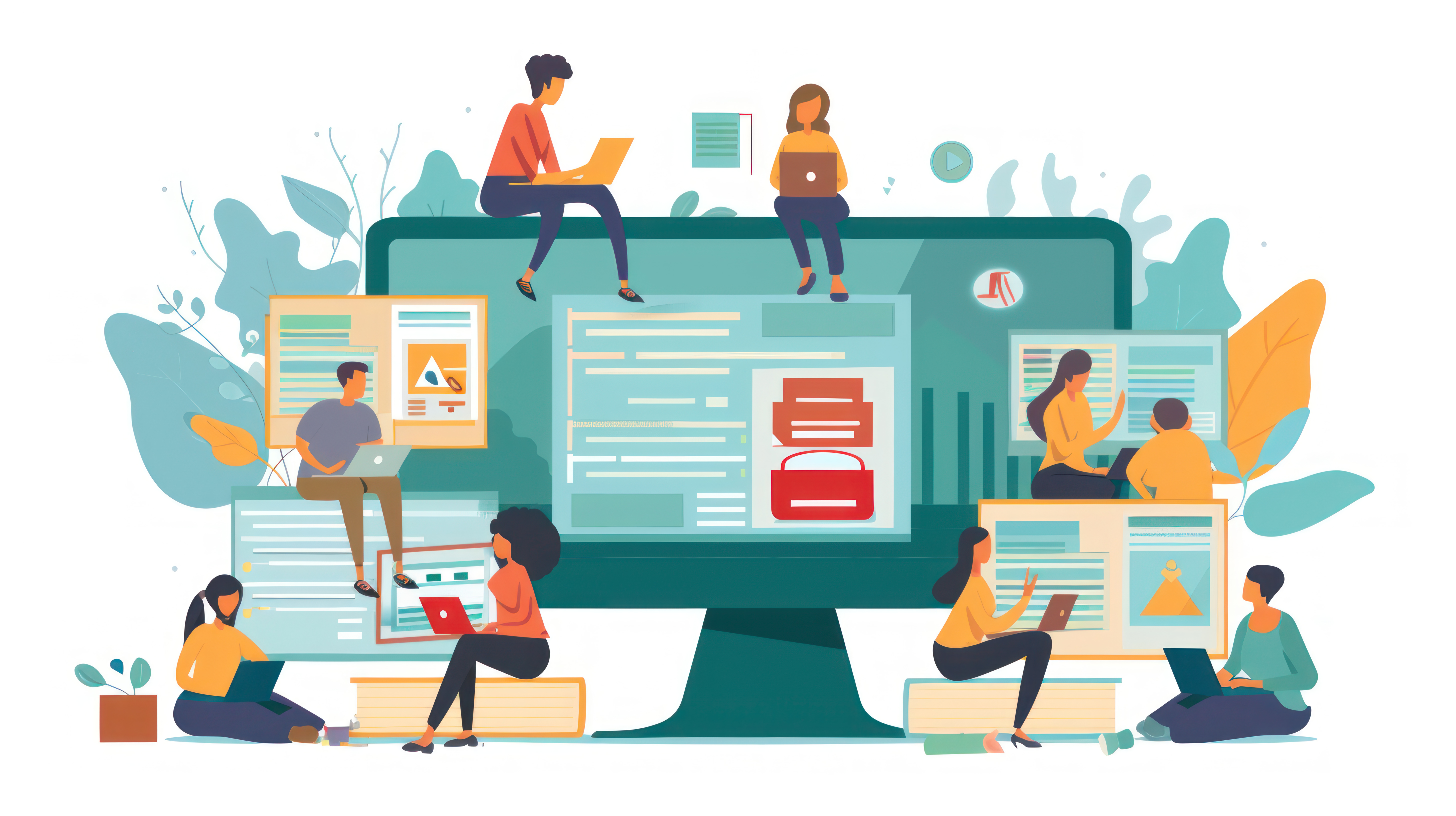 Drawing of a group of people with laptops attending a class with a large computer in the middle