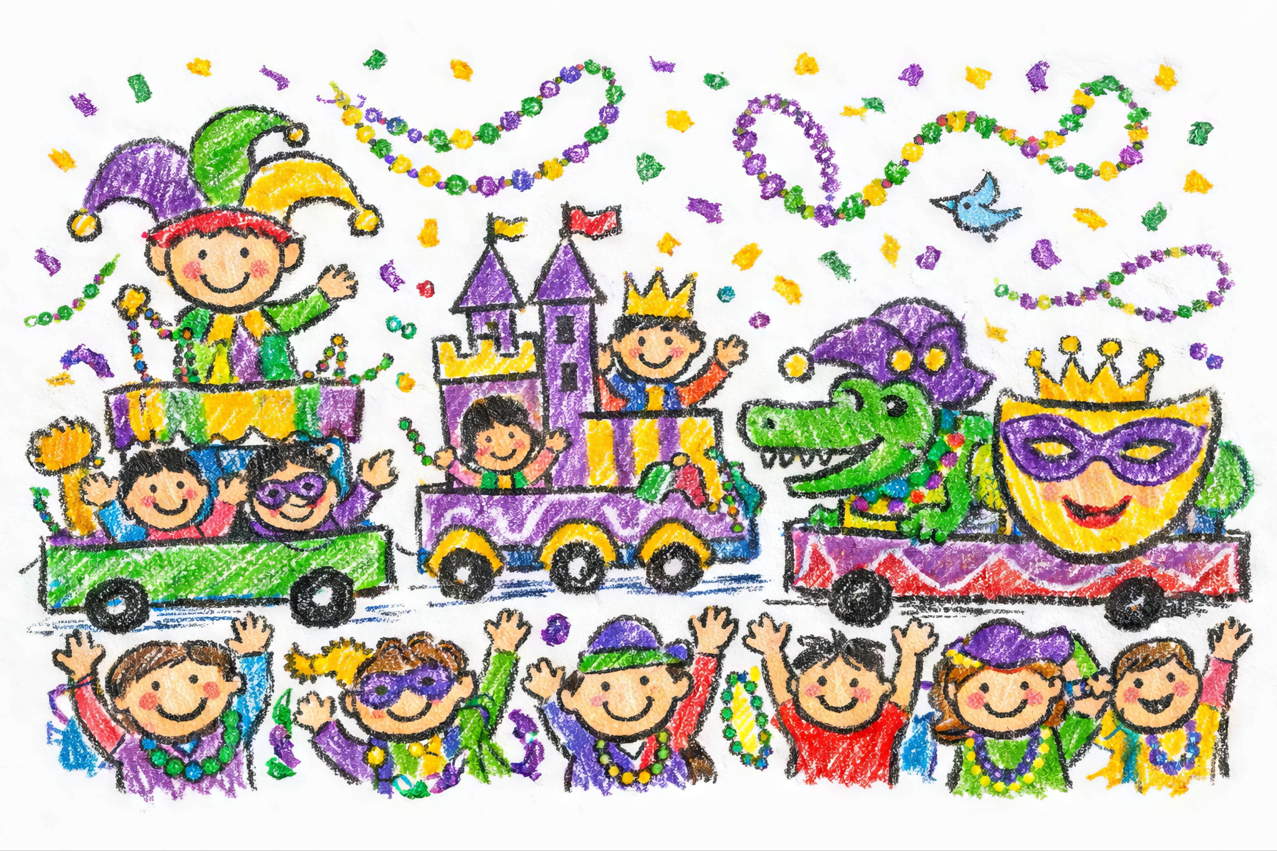 Drawing of Mardi Gras floats with people on the floats and in the crowd smiling