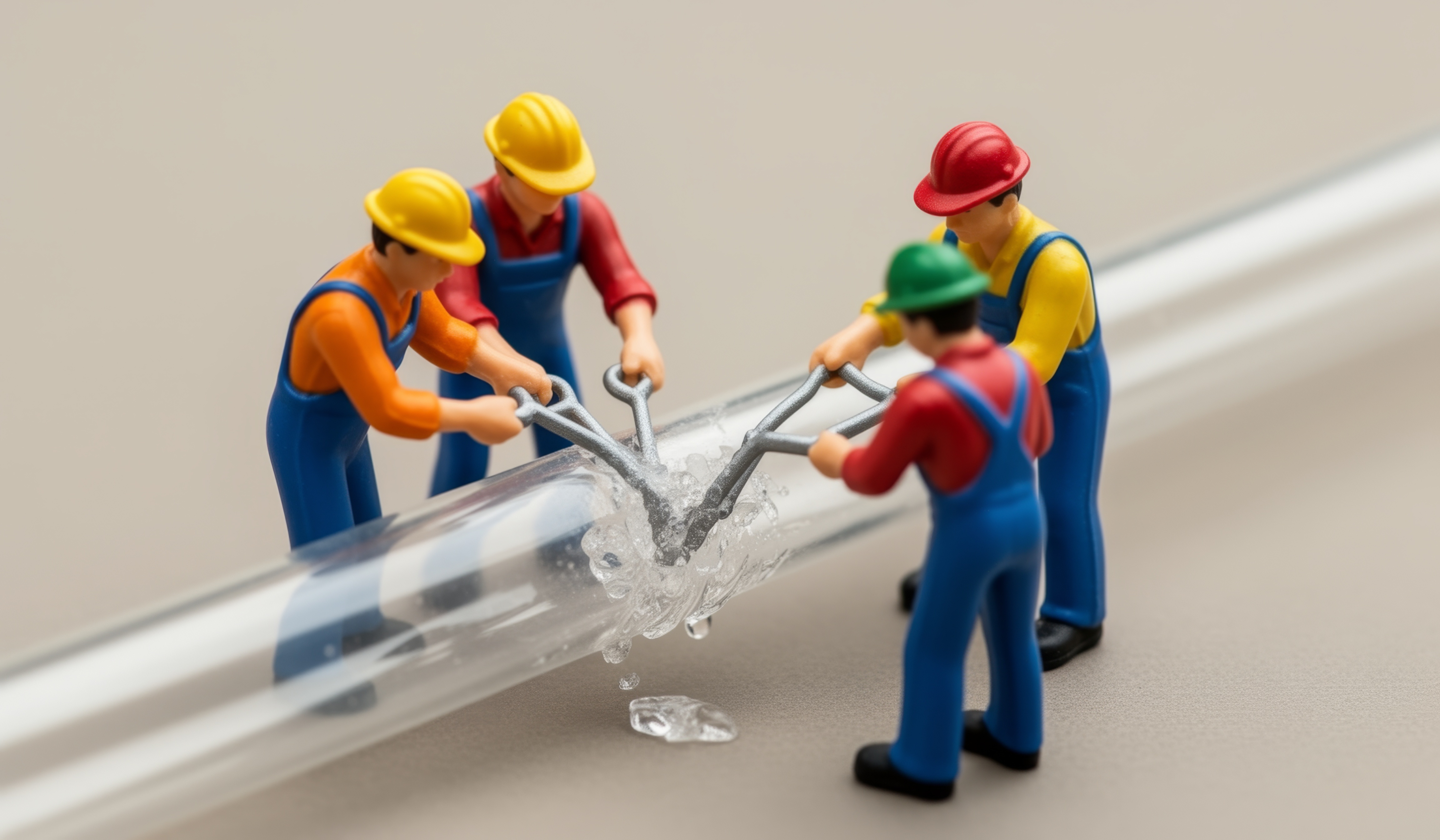 Toy workers in hard hats working on a water pipe