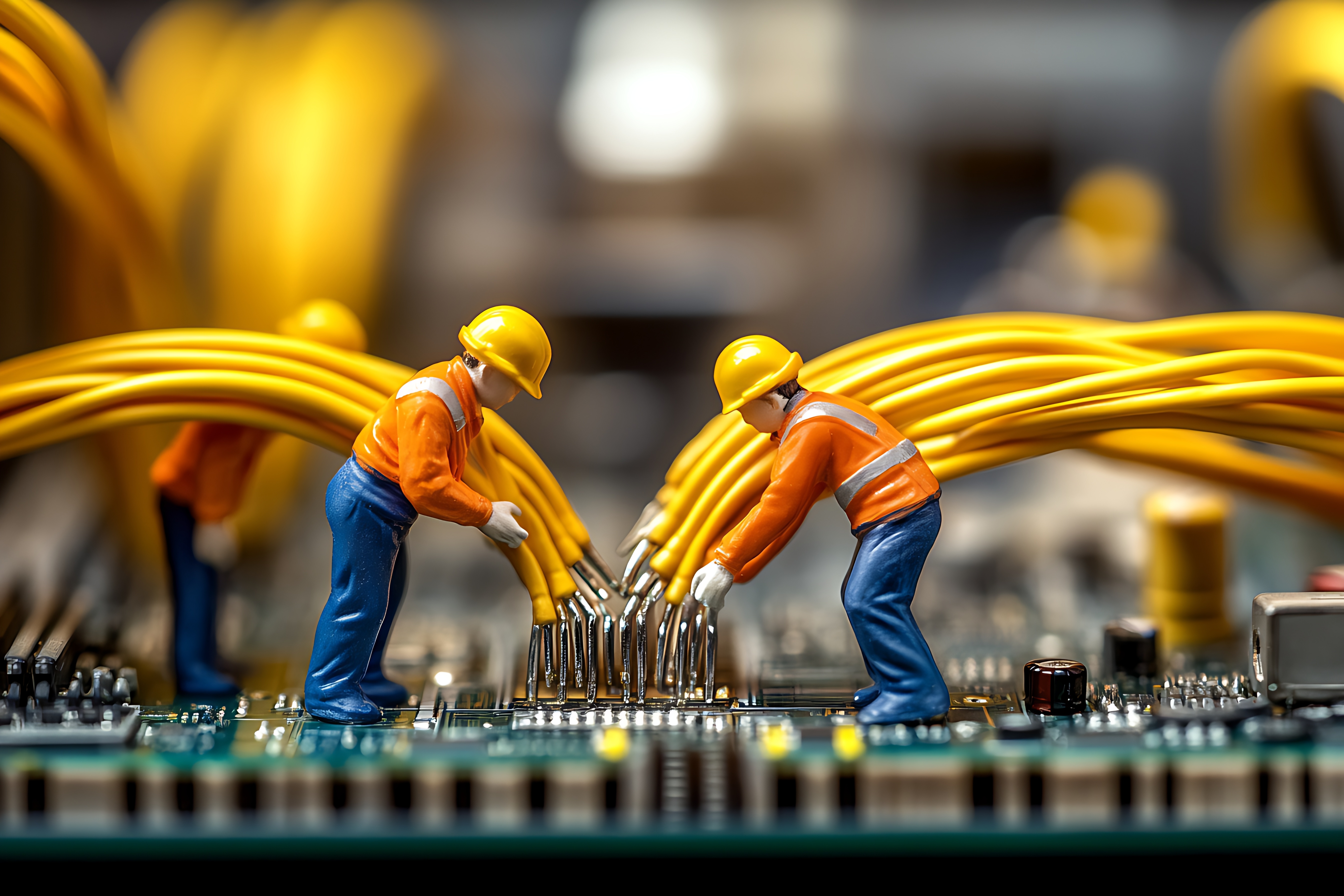 Diorama of miniature workers in hard hats connecting cables on electronic board