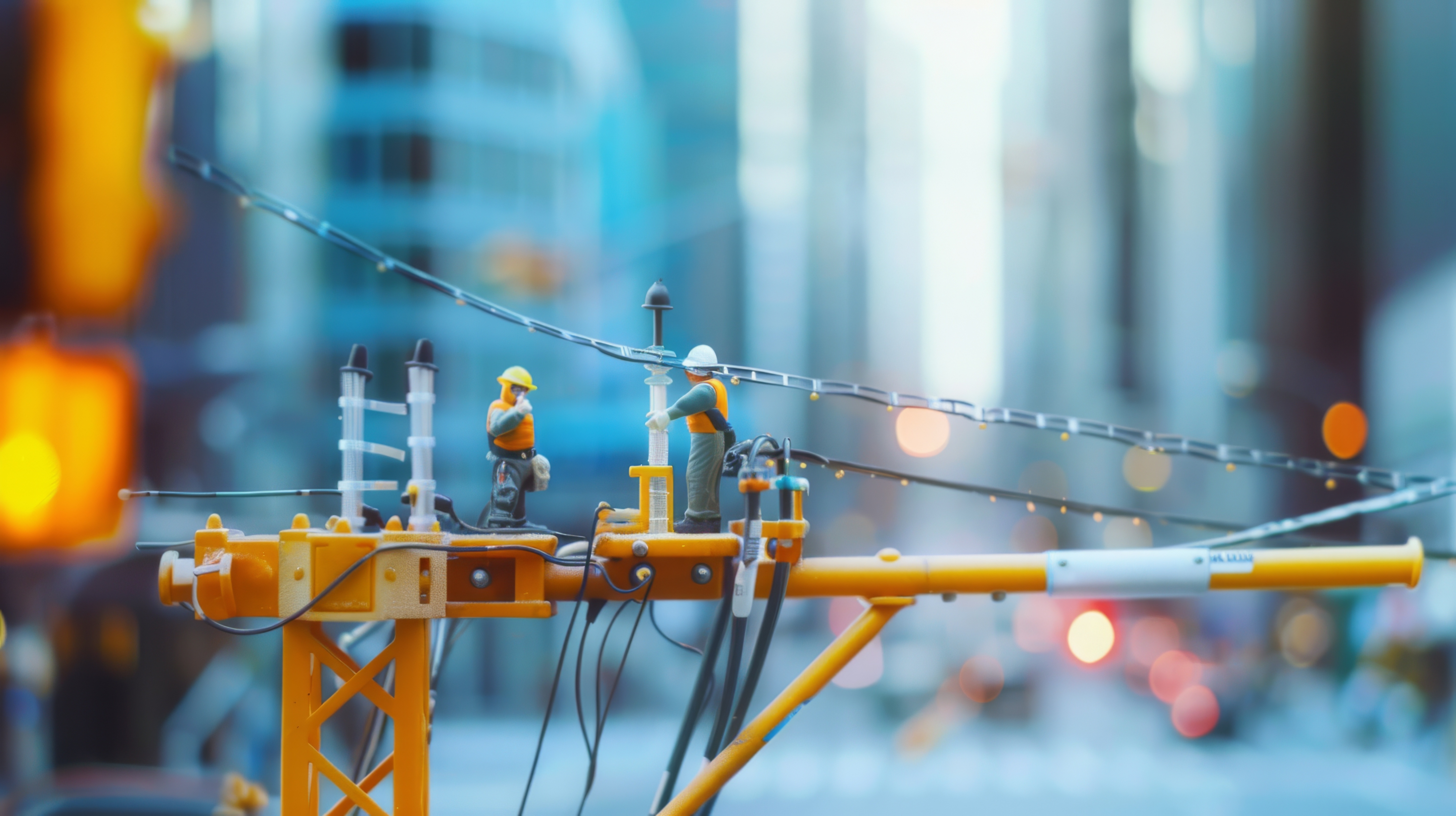 Toy-like construction workers are busy on a miniature platform in a bustling urban setting