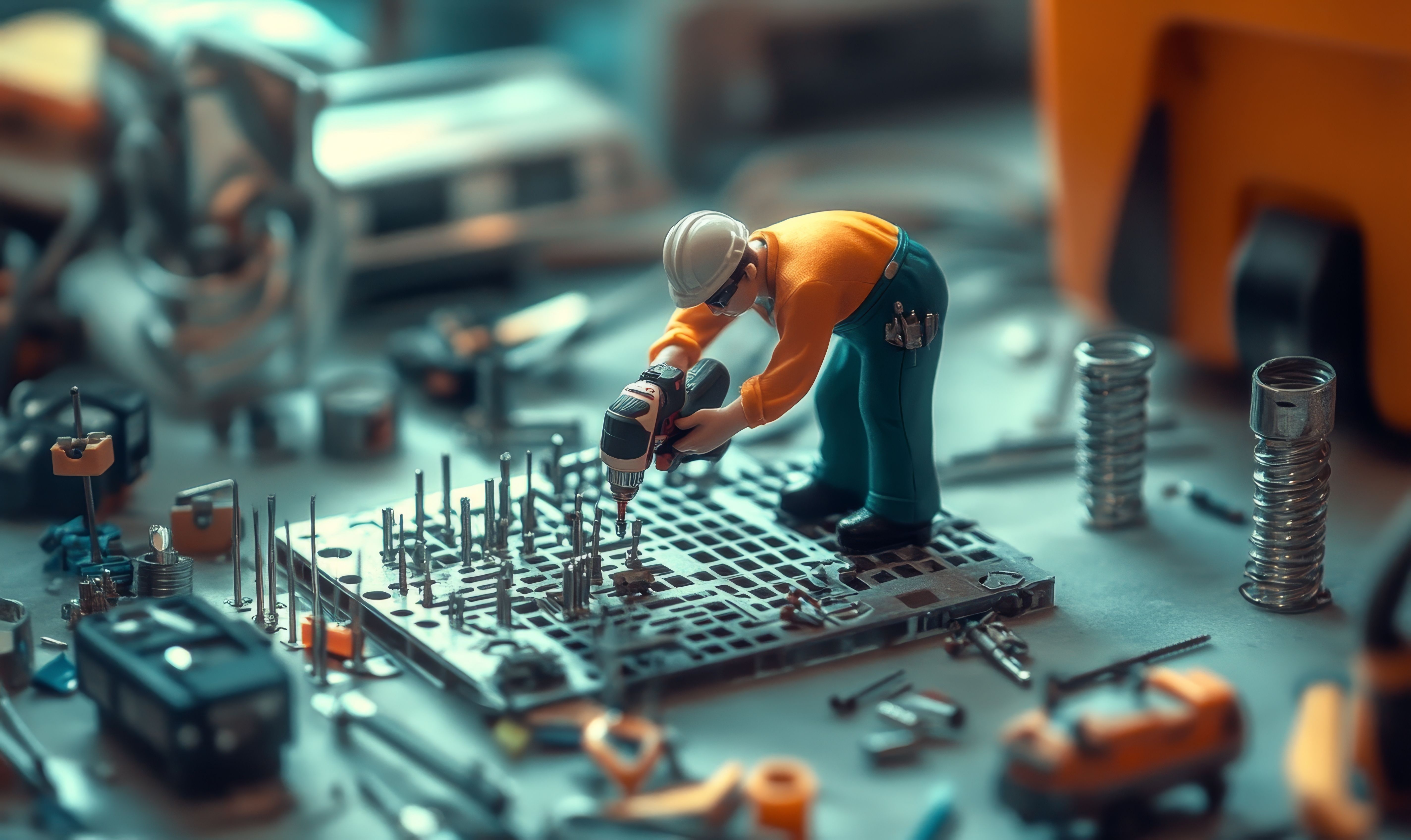Toy worker uses a drill on a metal plate
