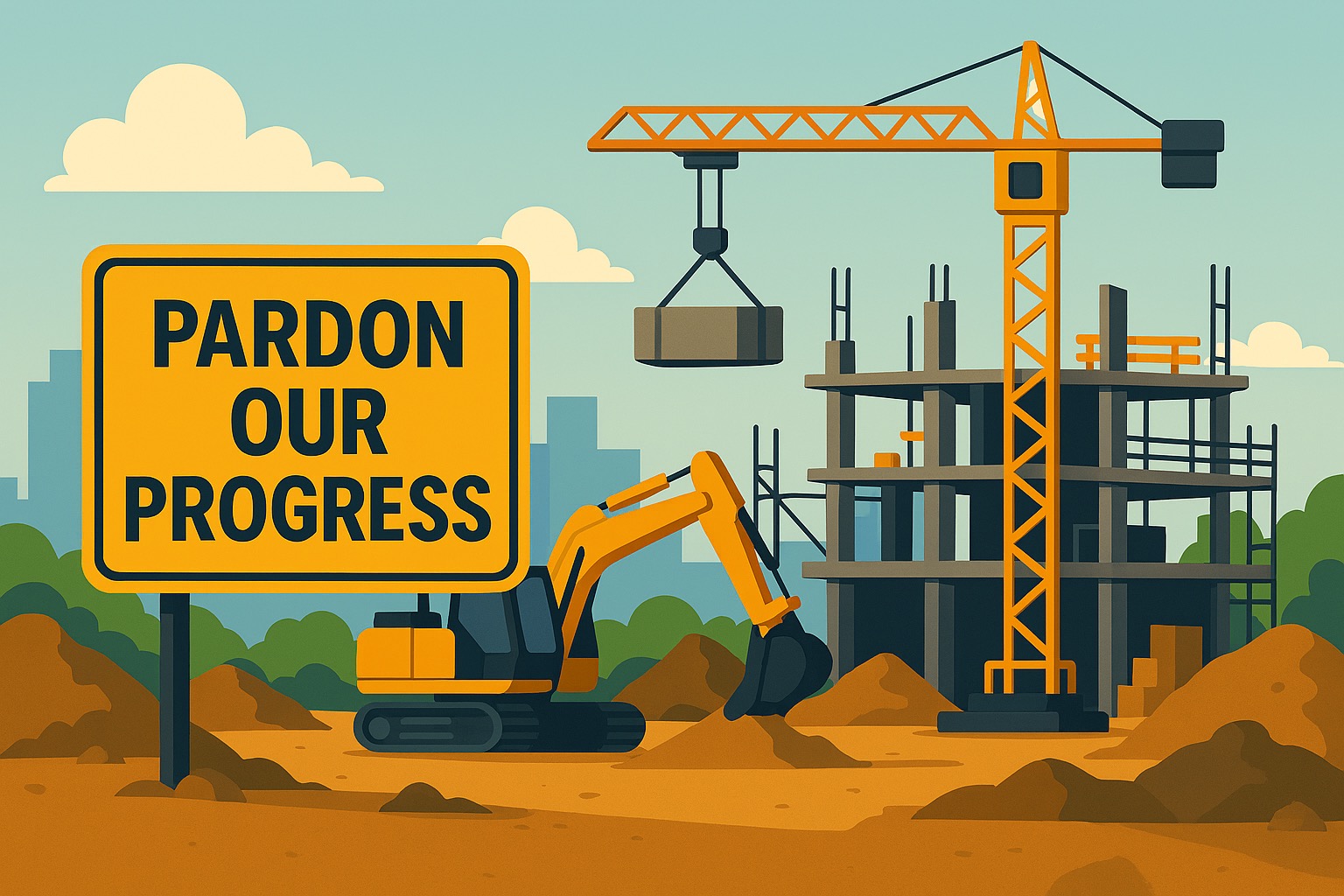 Drawing of a construction site with a sign that says "Pardon Our Progress"