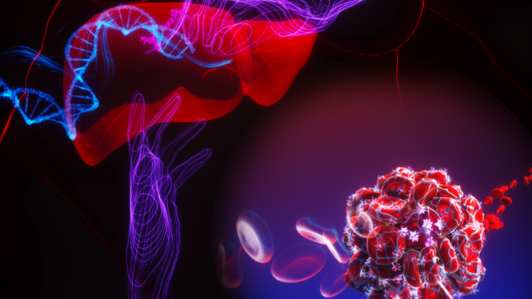 Abstract illustration of a human figure and DNA strands reaching toward red blood cells and molecular structures