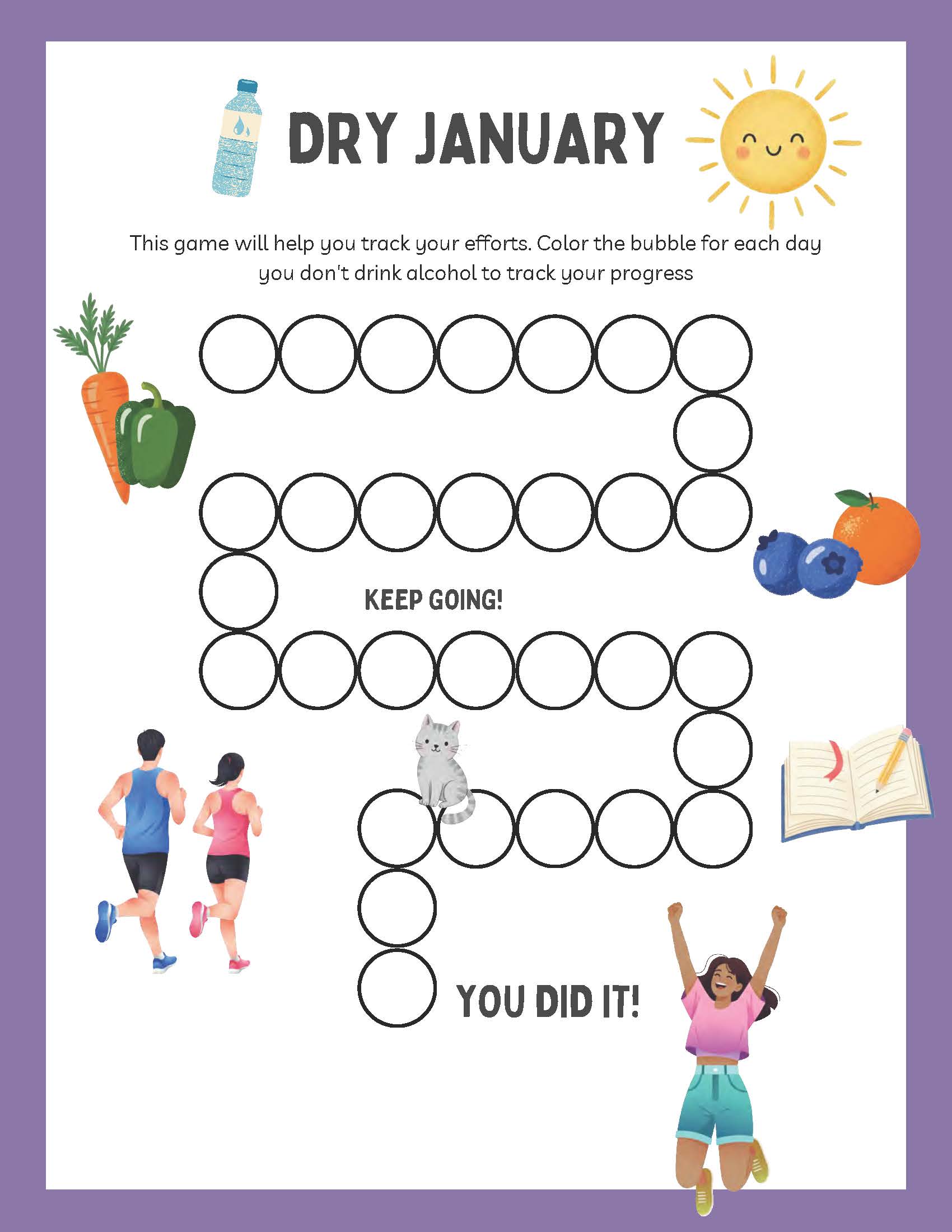 Dryuary Tracker 2026 with bubbles to color