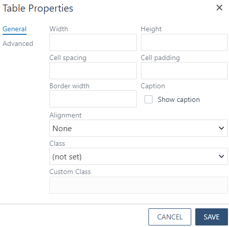 table properties box